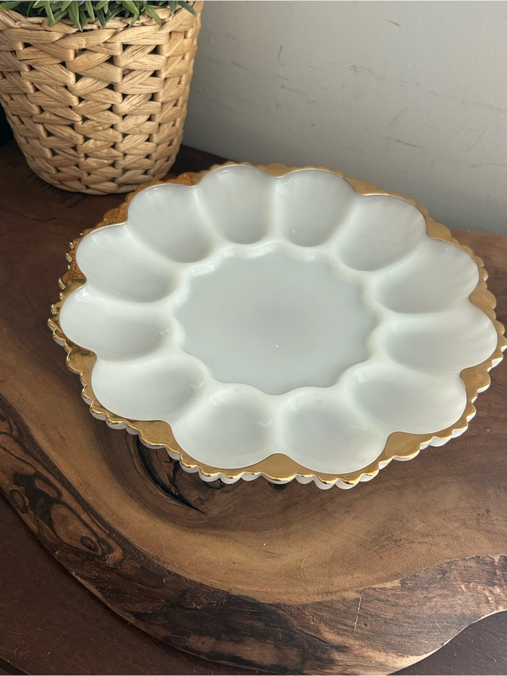 Whute Milk Glass Devilled Ehh Oyster Serving Tray Plate Gold Rim scalloped 10”D